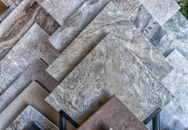 Tile flooring samples selection in rack in retail store with no people